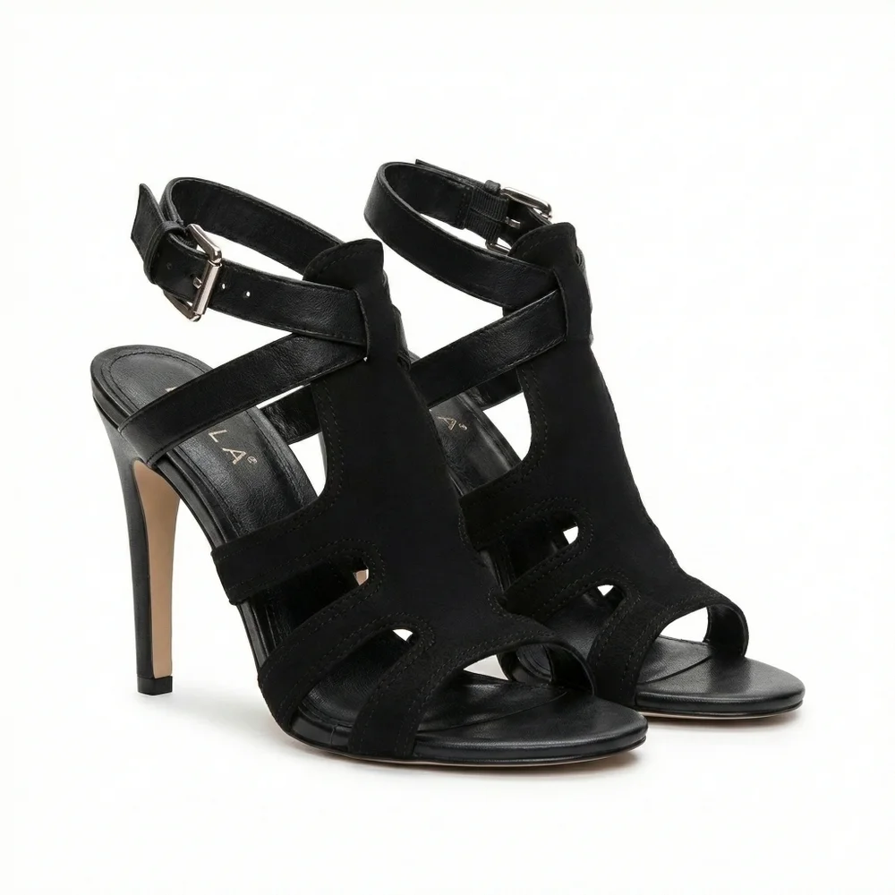 Isola Black Woven Straps Ankle Closure Heels